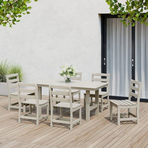 Shoreside 7-Piece All Weather HDPE Plastic Outdoor Patio Dining Set w/ Side Chairs, Sand