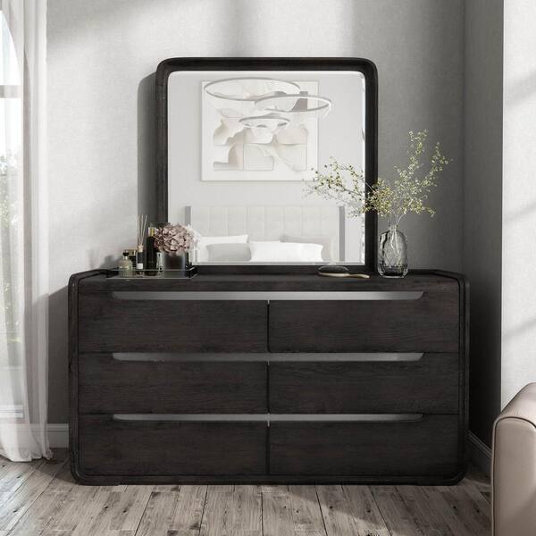 Furniture of America Wilter Black 6 Drawer 66 in. Dresser with Mirror with Rounded Edges and Nickel Finish Stainless Steel Trim IDF 71500BK DM