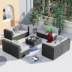 Poseidon Gray 9-Piece Wicker Outdoor Patio Conversation Sectional Sofa Seating Set with Gray Cushions