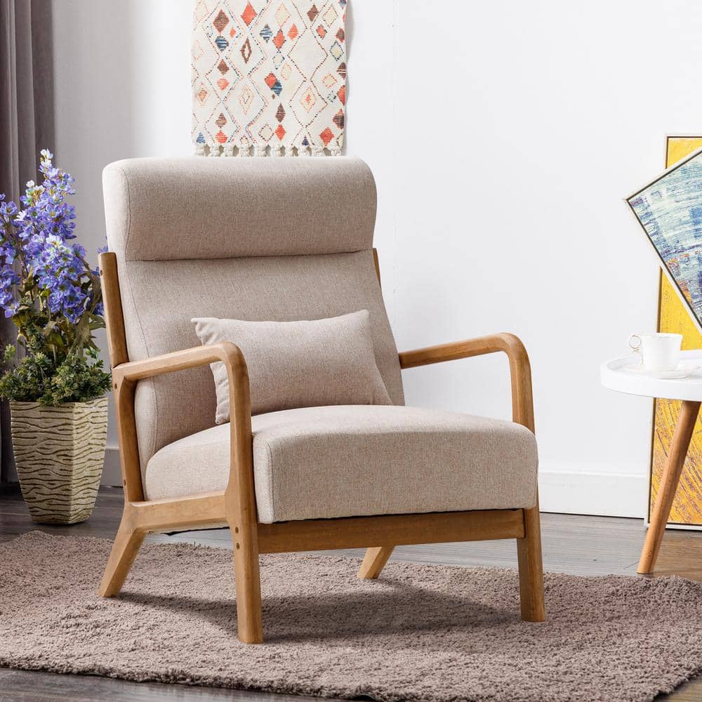Beige Mid-Century Modern Upholstered Fabric Accent Arm Chair with Pillow and Waist Cushion