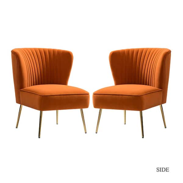 JAYDEN CREATION Monica Modern Orange Velvet Comfy Living Room Side Chair with Golden Metal Legs (Set of 2)