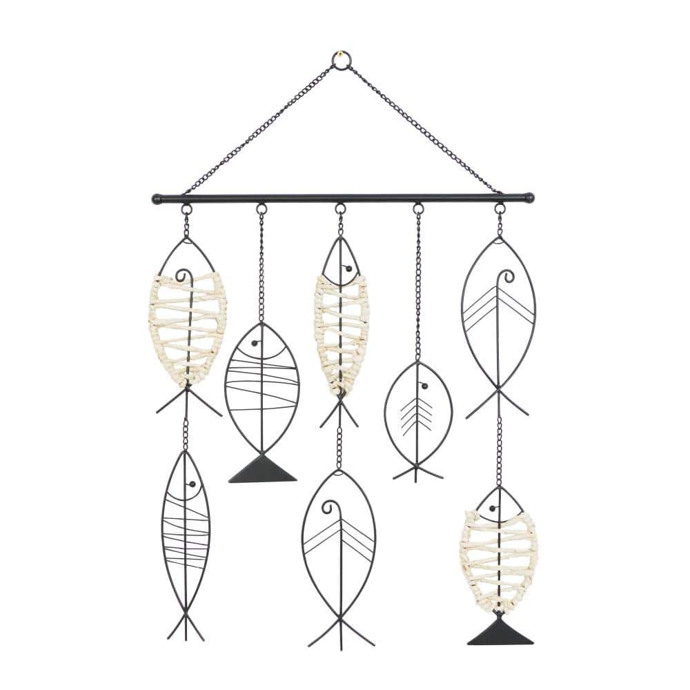 Black Metal and Rattan Coastal Fish Wall Sculpture