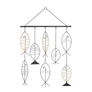 21 in. x  31 in. Metal Black Indoor Outdoor Wire Fish Wall Decor with Rattan Accents