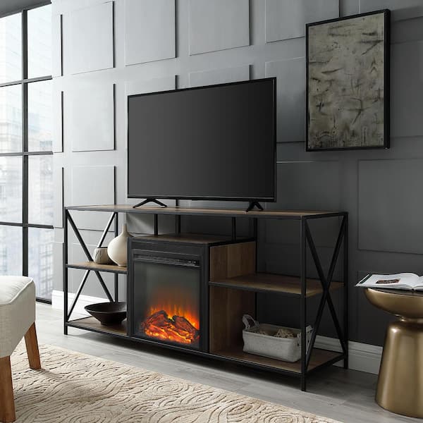 Walker Edison Furniture Company 60 in. Rustic Oak Composite TV Stand 69 in. with Electric Fireplace