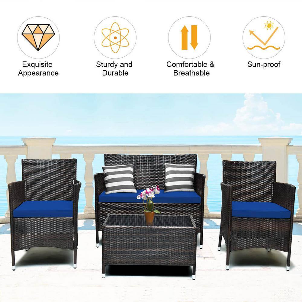 4-Piece Brown Steel Rattan Patio Set with Navy Cushions