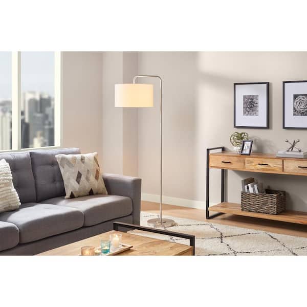 Hampton Bay Wythe 64 in. 1-Light Brushed Nickel Downbridge Floor Lamp with Fabric Drum Shade