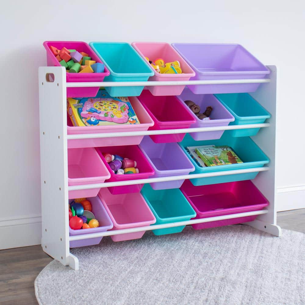 White and Pink Kids Toy Storage Organizer with 16 Bins