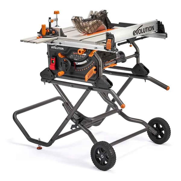 Evolution R10TBLX Portable Jobsite Wood Cutting Table Saw with Wheeled Scissor Stand 10 in. Multi-Material Cutting Blade