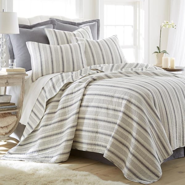 LEVTEX HOME Rochelle 3-Piece Grey Stripe Cotton Full/Queen Quilt Set