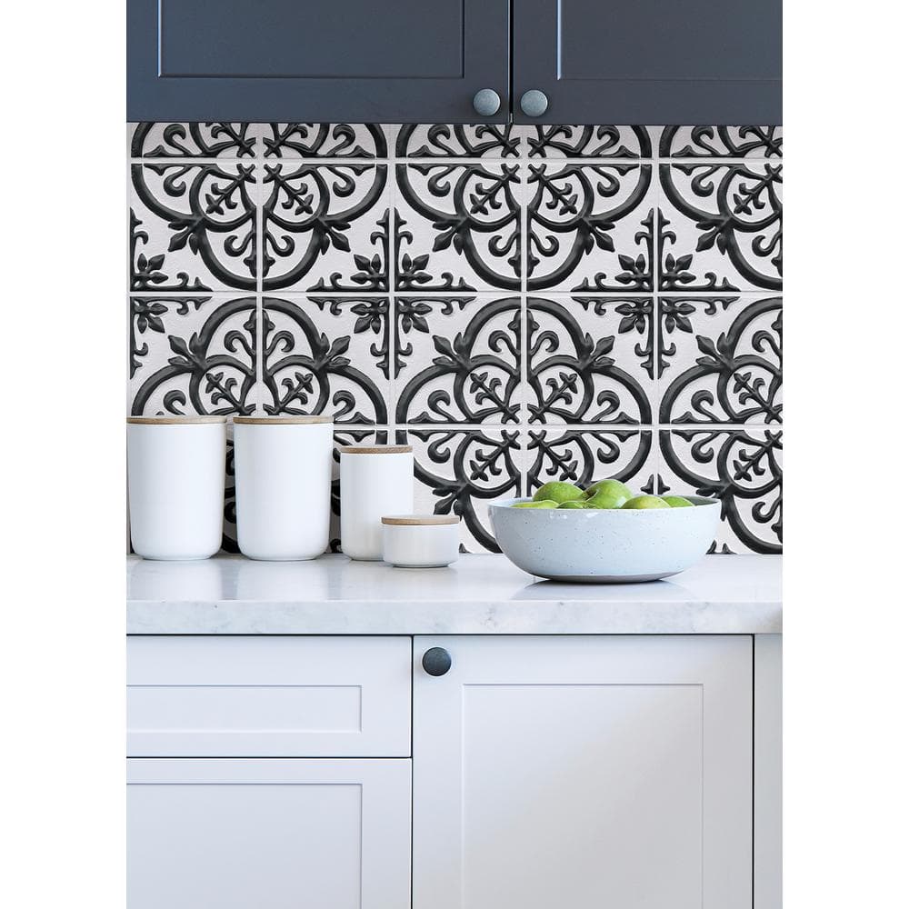 20'' Black and White PVC Gothic Peel and Stick Tile