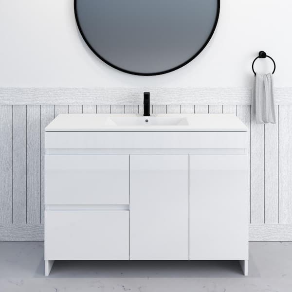 Mace 48 in. W x 18 in. D x 34 in. H Bath Vanity in Glossy White with White Ceramic Top and Left-Side Drawers