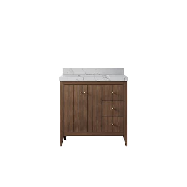 Willow Collections Atlanta Teak 36 in. Left Sink Freestanding Dark Natural Bath Vanity with Venatino Qt. Top Unassembled