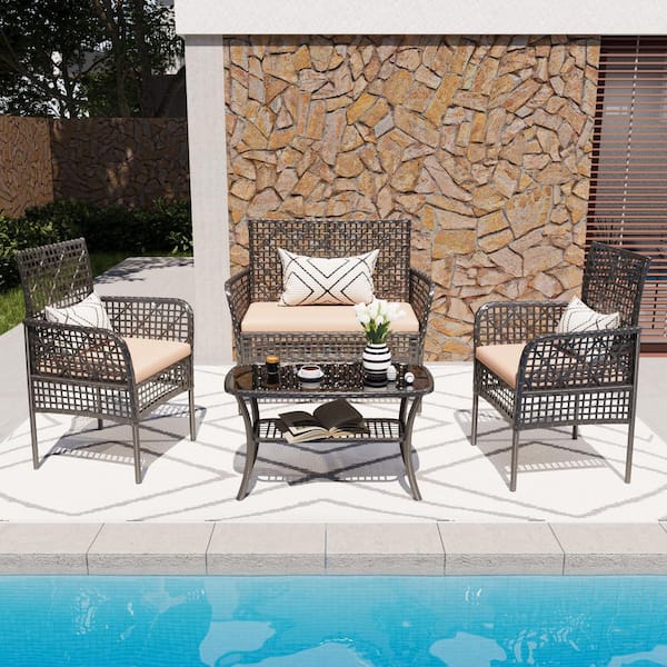 Unbranded 4-Piece Wicker Outdoor Patio Conversation Set with Beige Cushions and Tempered Glass Table for Backyard, Pool, Lawn