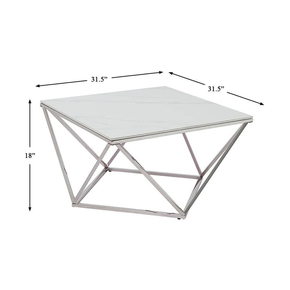 31.5" White and Silver Steel Coffee Table with Stone Top