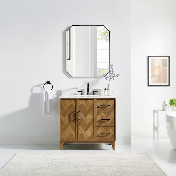 Clara 36 in. Single Freestanding Weathered Brown Bath Vanity with Calacatta Truffle White Quartz Top Assembled