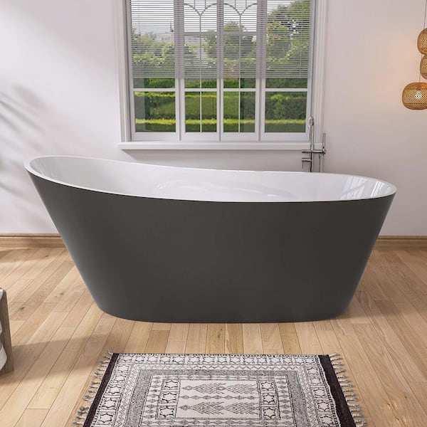 Xspracer Moray 59 in. x 30 in. Acrylic Flatbottom Freestanding Soaking Non-Whirlpool Bathtub with Pop-up Drain in Matte Grey