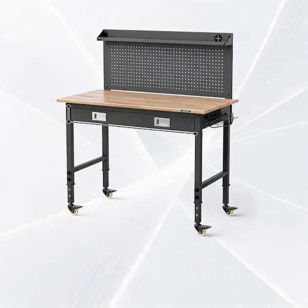 Heavy Duty 48 x 24 Inch 6-Level Height Adjustable LED Mobile Workbench with Rubberwood Top, Pegboard & Hooks