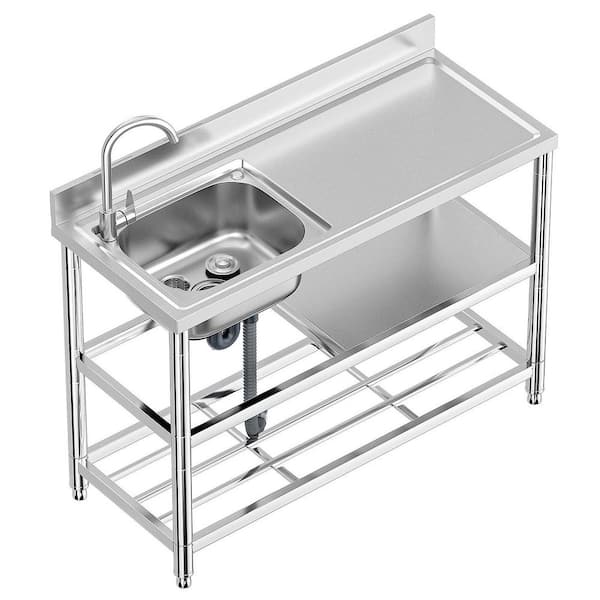 47 in. Stainless-Steel Single Bowl Commercial Restaurant Kitchen Sink Set, Prep & Utility Washing Hand Basin