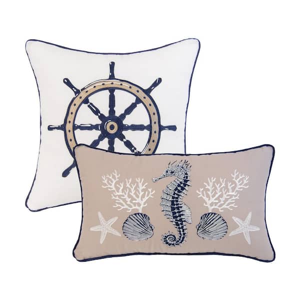 DONNA SHARP Checkerboard Indigo 2-Pieces White and Blue Nautical Decor Pillow Set 18 in. x 18 in. and 12 in. x 22 in.