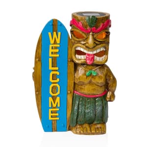 Solar Tiki with Welcome Surf Board Statuary and LED Lights