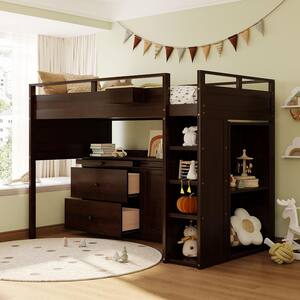Espresso Multifunctional Twin Size Wood Loft Bed with Rolling Cabinet, Desk, Storage Box, Storage Stairs and Drawers