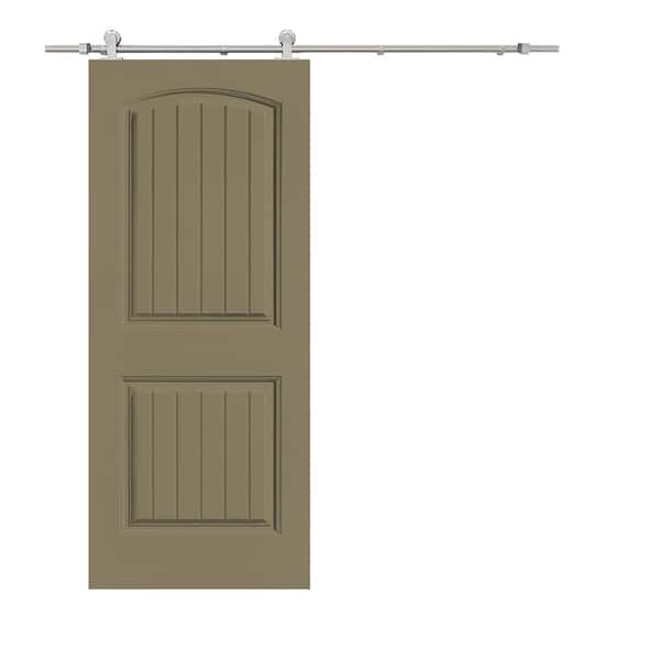 CALHOME Elegant Series 36 in. x 80 in. Olive Green Stained Composite MDF 2 Panel Camber Top Sliding Barn Door with Hardware Kit