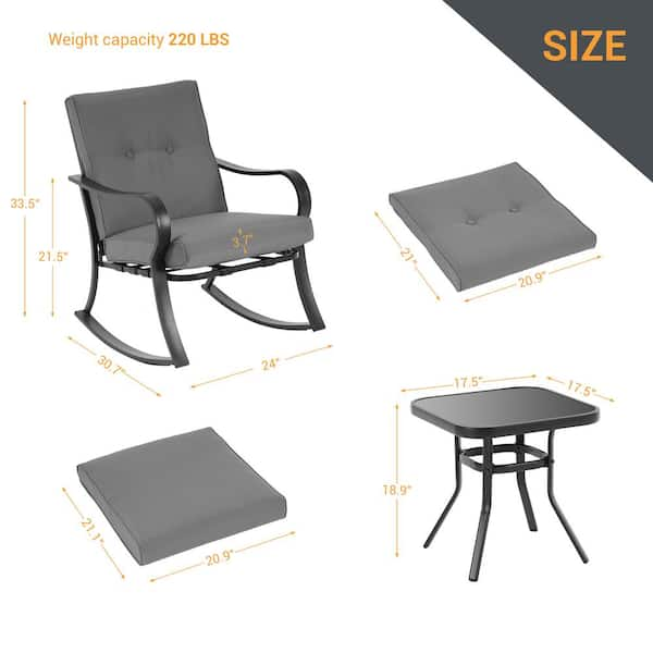 3-Piece Metal Frame Outdoor Bistro Set 2 Rocking Chairs with Gray Cushions and Tempered Glass Side Table