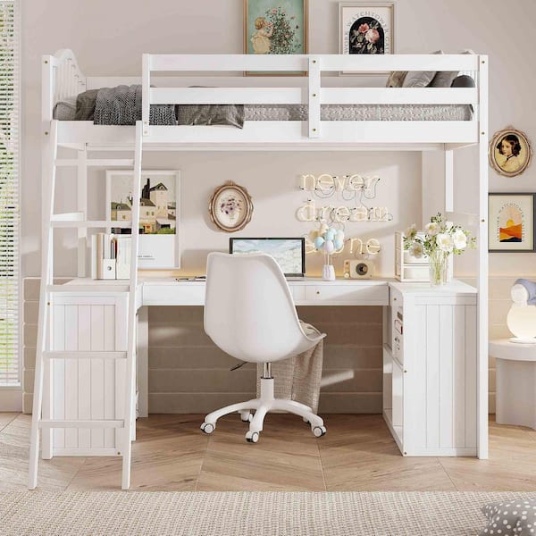 Twin size Loft Bed with Drawers, Cabinet, Shelves and Desk, Wooden Loft Bed with Desk-White