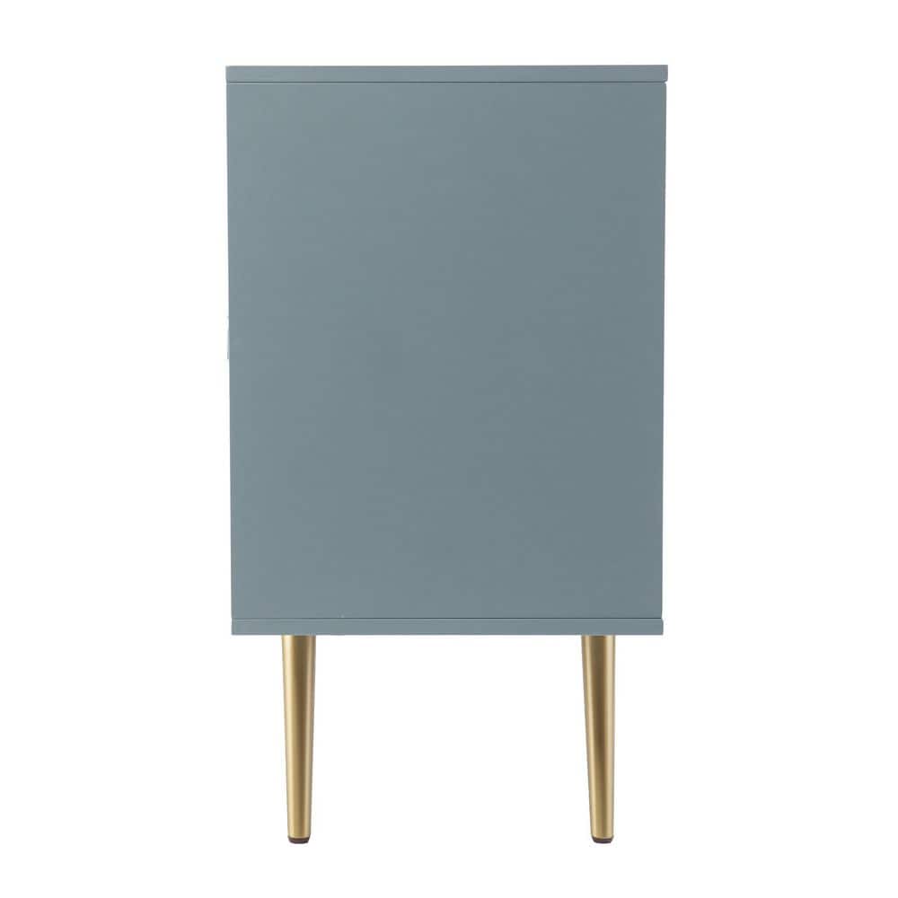 Teal Green and Gold Rattan Media Console with Adjustable Shelves