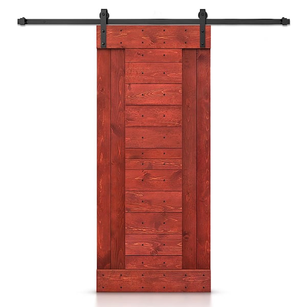 CALHOME 30 in. x 84 in. Cherry Red Stained DIY Knotty Pine Wood Interior Sliding Barn Door with Hardware Kit