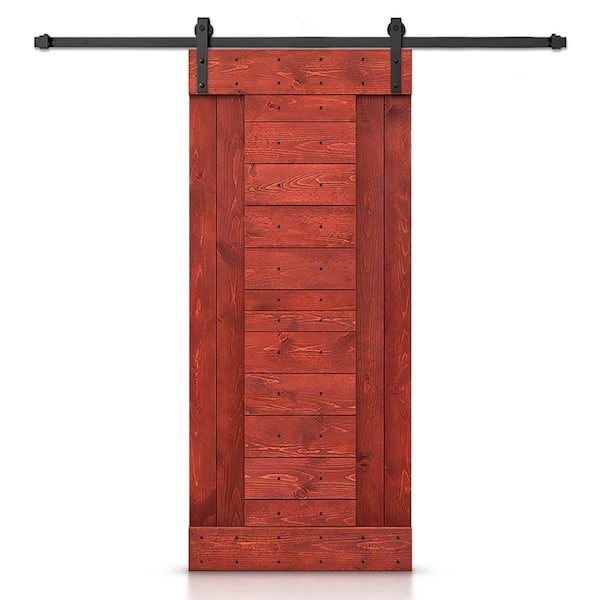 CALHOME 42 in. x 84 in. Cherry Red Stained DIY Knotty Pine Wood Interior Sliding Barn Door with Hardware Kit