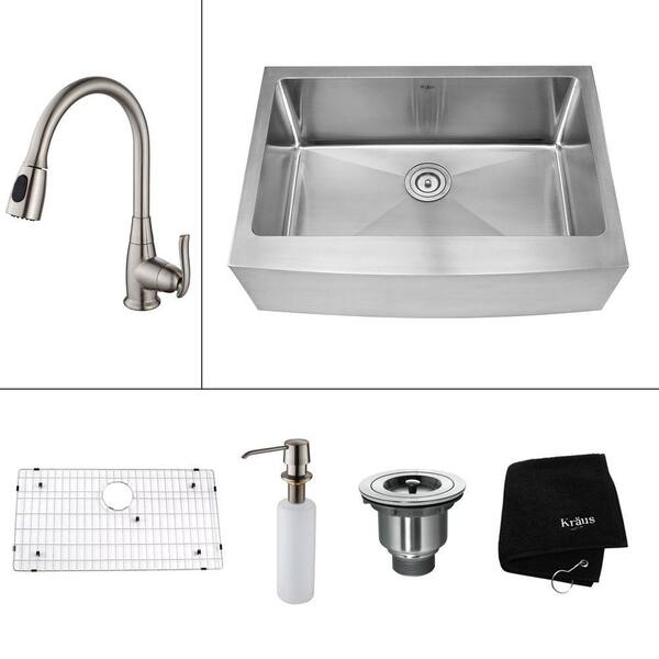 KRAUS All-in-One Farmhouse Apron Front Stainless Steel 30 in. Single Bowl Kitchen Sink with Faucet in Satin Nickel