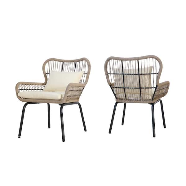 Noble House Joshua Brown Stationary Metal Outdoor Patio Lounge Chair with Beige Cushions (2-Pack)