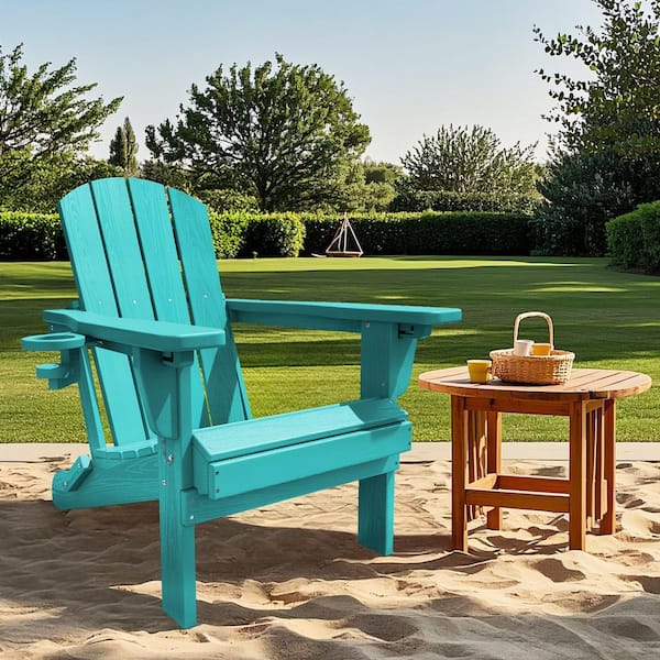 JEAREY Weather Resistant Plastic HDPE Outdoor Patio Folding Adjustable Adirondack Chair with Cup Holder in Peacock Blue