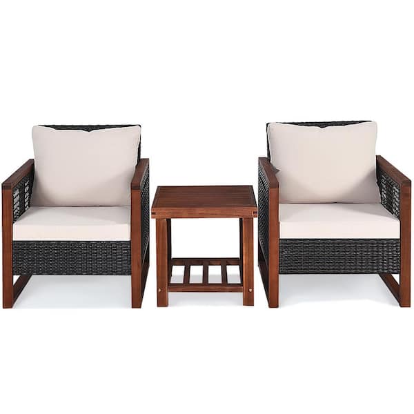 Gymax 3-Pieces Rattan Wicker Patio Conversation Set Outdoor Furniture Set with Yellowish Cushion