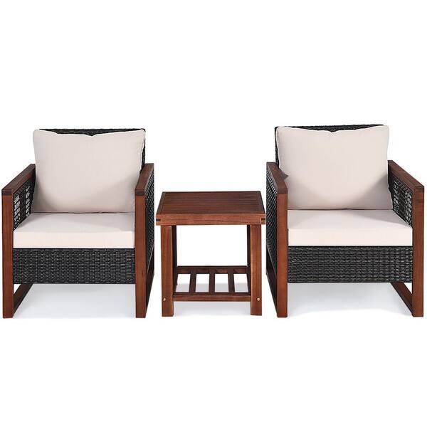 Gymax 3-Pieces Rattan Wicker Patio Conversation Set Outdoor Furniture Set with Yellowish Cushion
