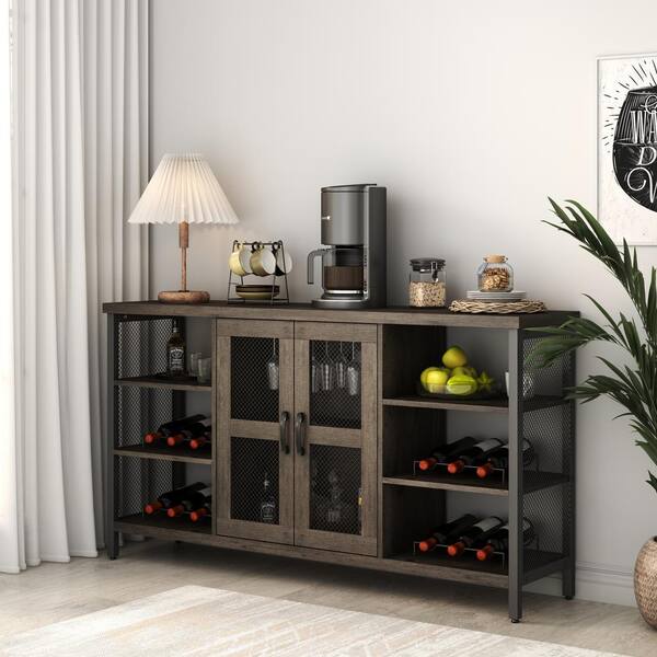 Tatahance Dark Gray Rustic Wood Wine Bar Cabinet With Shelves And Door W116241634 Z The