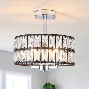 12.59 in. Koyal 3-Light Round Black/Chrome Chandelier Semi Flush Mount Ceiling Light w/ Clear Crystal Glass Drum Shade