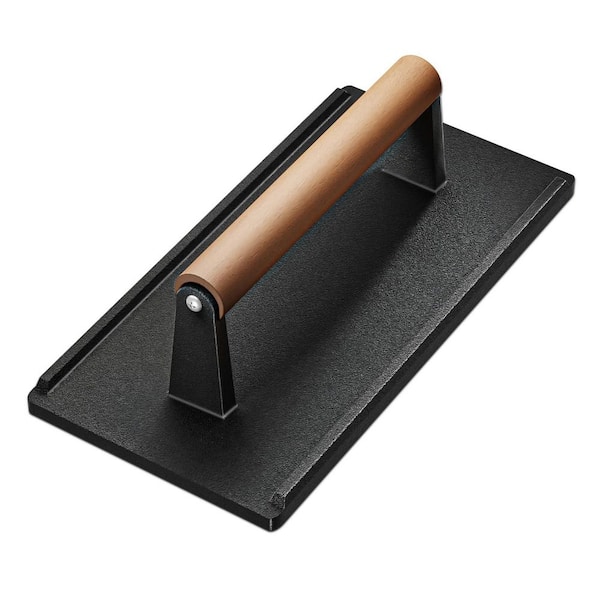 1-Piece Cast Iron Grill Press with Wood Handle Heavy-Duty Bacon Burger Griddle Chef Press Rectangle Cooking