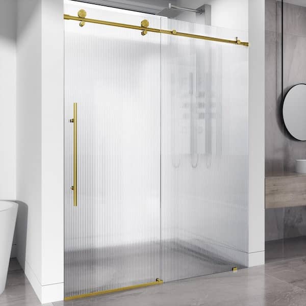 VIGO Elan E-Class 56 to 60 in. W x 76 in. H Sliding Frameless Shower Door in Matte Brushed Gold with 3/8 Fluted Glass