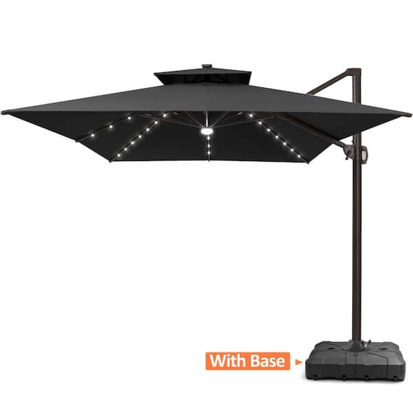 10 ft. x 13 ft. Heavy Duty Cantilever Tiltable 360° Rotation Solar LED Lighted Patio Umbrella in Black and Umbrella Base