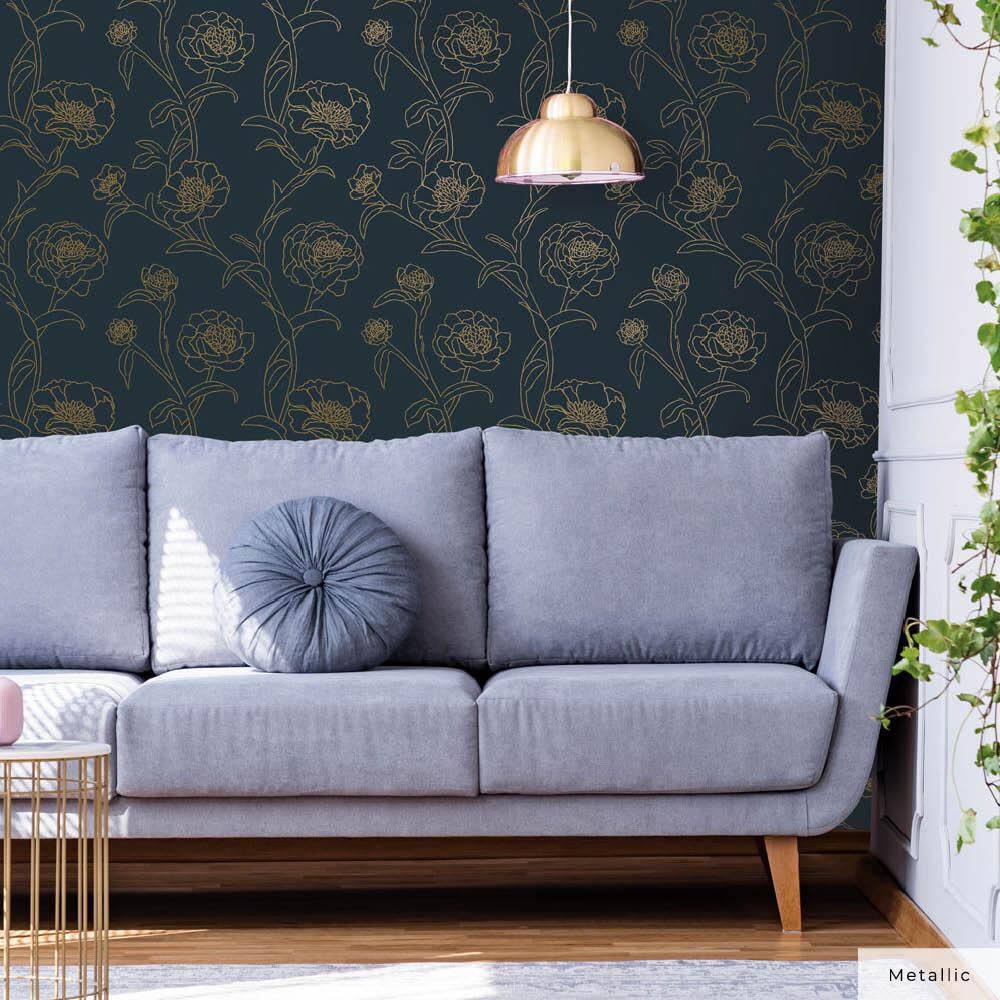 Peacock Blue and Gold Floral Peel and Stick Wallpaper