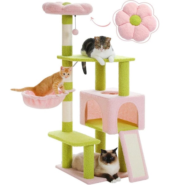 ATENGNES 47.2 in. Pink Cute Multi Level Flower Cat Tower Tree with Large Hammock Sisal Scratching Posts Cat Condo AMT0236GN The Home Depot