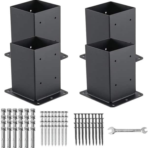 4 in. x 4 in. Thick Solid Steel and Black Powder Coated Post Base, Rustproof, Support Pergola Brackets Fence Kit, 4-Pack