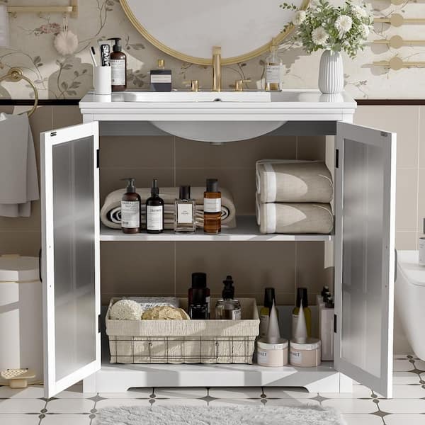 30 in. Single Sink Freestanding White Bath Vanity with White Ceramic Top and 2-Glass Door and Adjustable Shelf Assembled