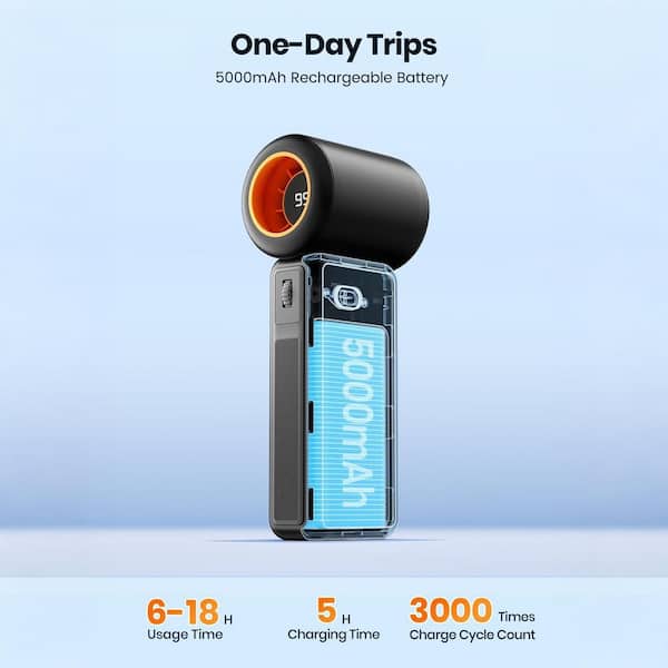 1.5 in. Variable Speeds Personal Fan in Black, 5000mAh Rechargeable Personal Battery Operated 100-Level Wind Control