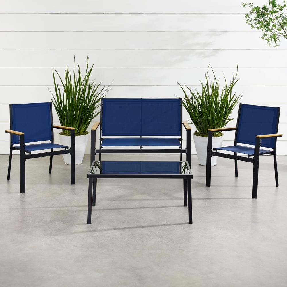 4-Piece Blue Steel Patio Conversation Set with Coffee Table