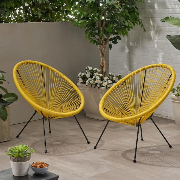 Noble House Ansor Black Metal Outdoor Lounge Chair in Yellow (2-Pack)