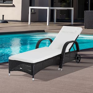 Brown Metal Frame Outdoor Plastic Rattan Chaise Lounge Chair with Height Adjustable Backrest and White Cushion
