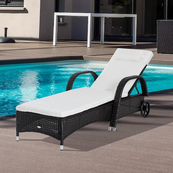 Outsunny Brown Metal Frame Outdoor Plastic Rattan Chaise Lounge Chair with Height Adjustable Backrest and White Cushion